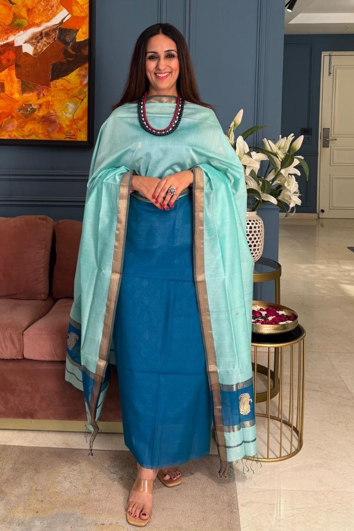 Maheshwari handloom silk by cotton kurta dupatta set